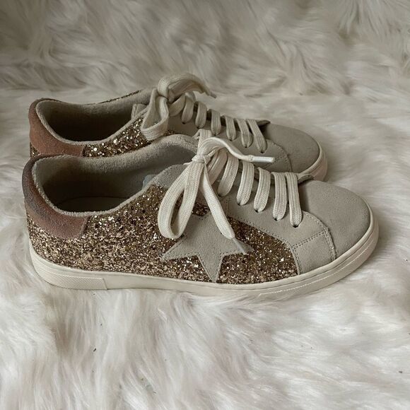 Steve NewYork Rubie leather suede light gray and glitter sneakers SZ9M - Picture 1 of 10